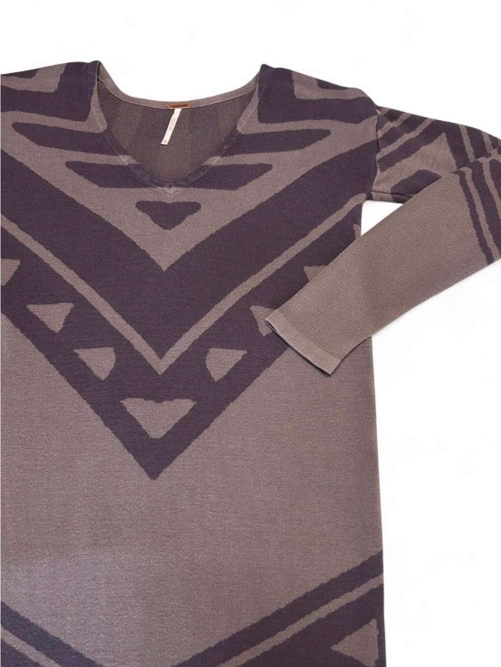 Free People Long Sleeve V-Neck Tribal Pattern Dress in Taupe and Charcoal